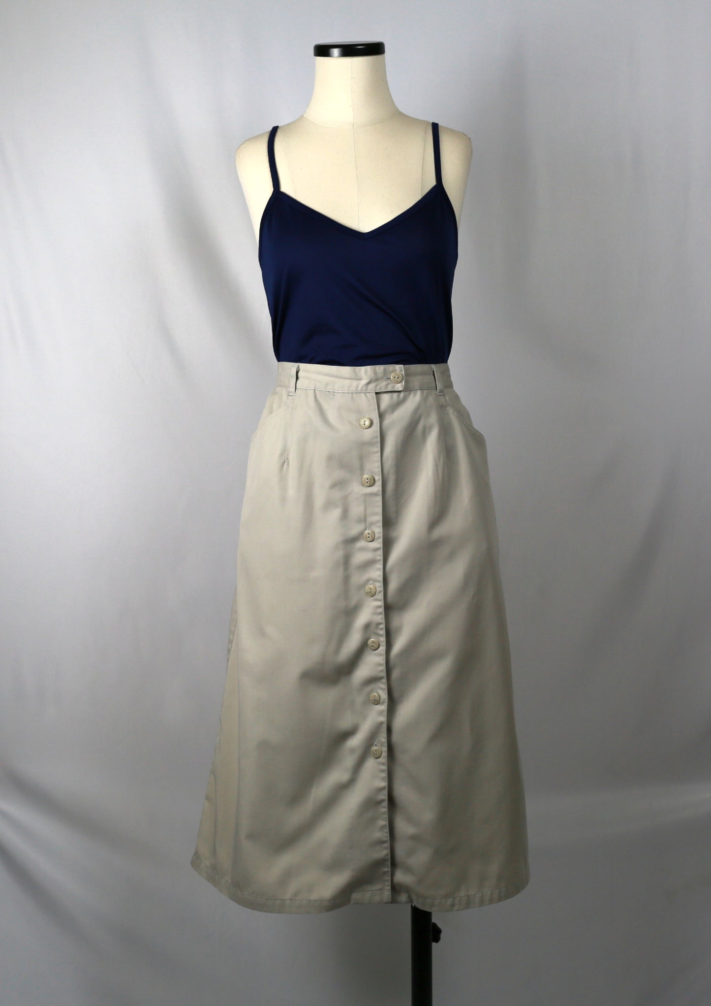 beige button front skirt